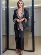 11007-Luxury Black Satin 3-Piece Nightwear Set for Women | Printed Border Robe & Pyjama Set